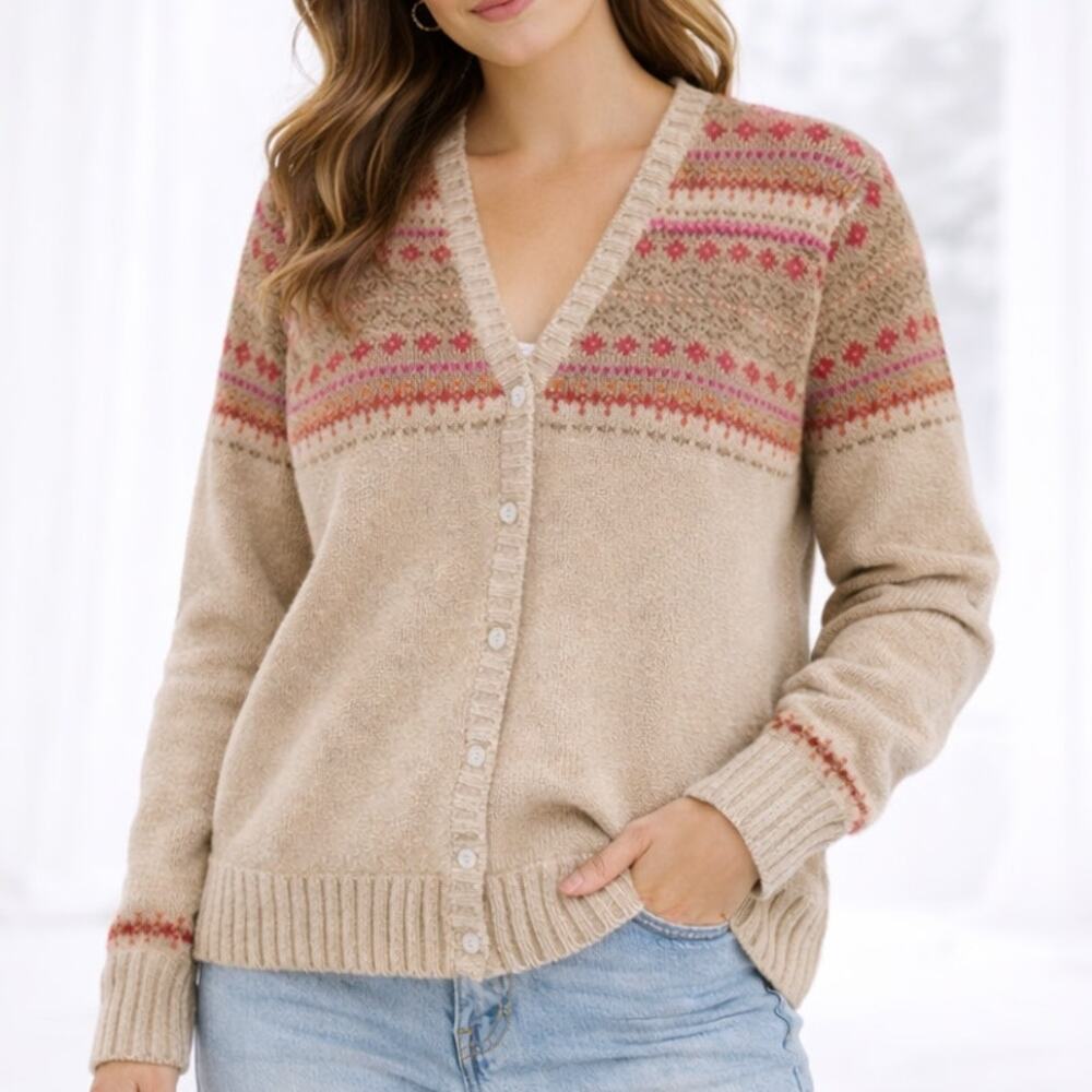 Lands' End SZ M 8/10 VTG Cotton V Neck Fair Isle Long Sleeve Cardigan Sweater